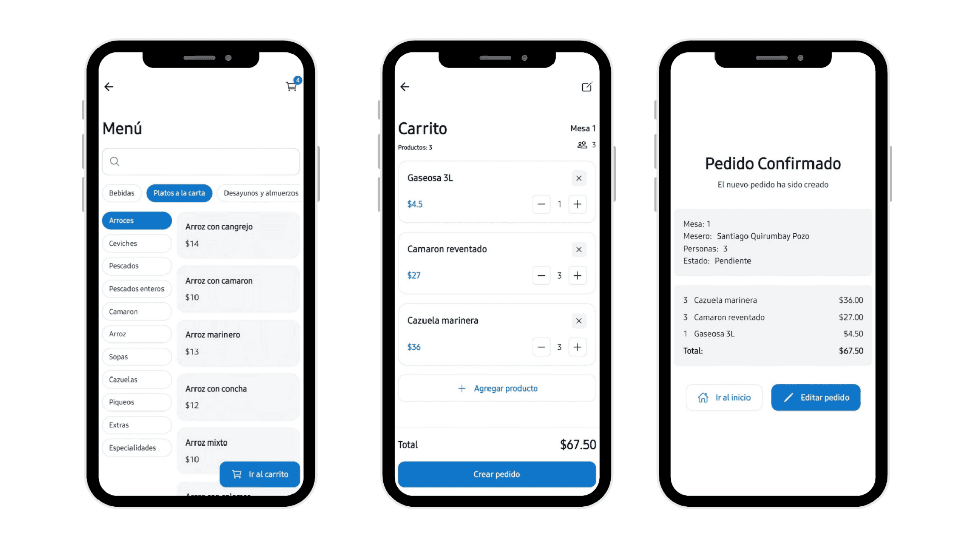 Crear un nuevo pedido en Teikio: el mesero selecciona platos, cantidades y observaciones