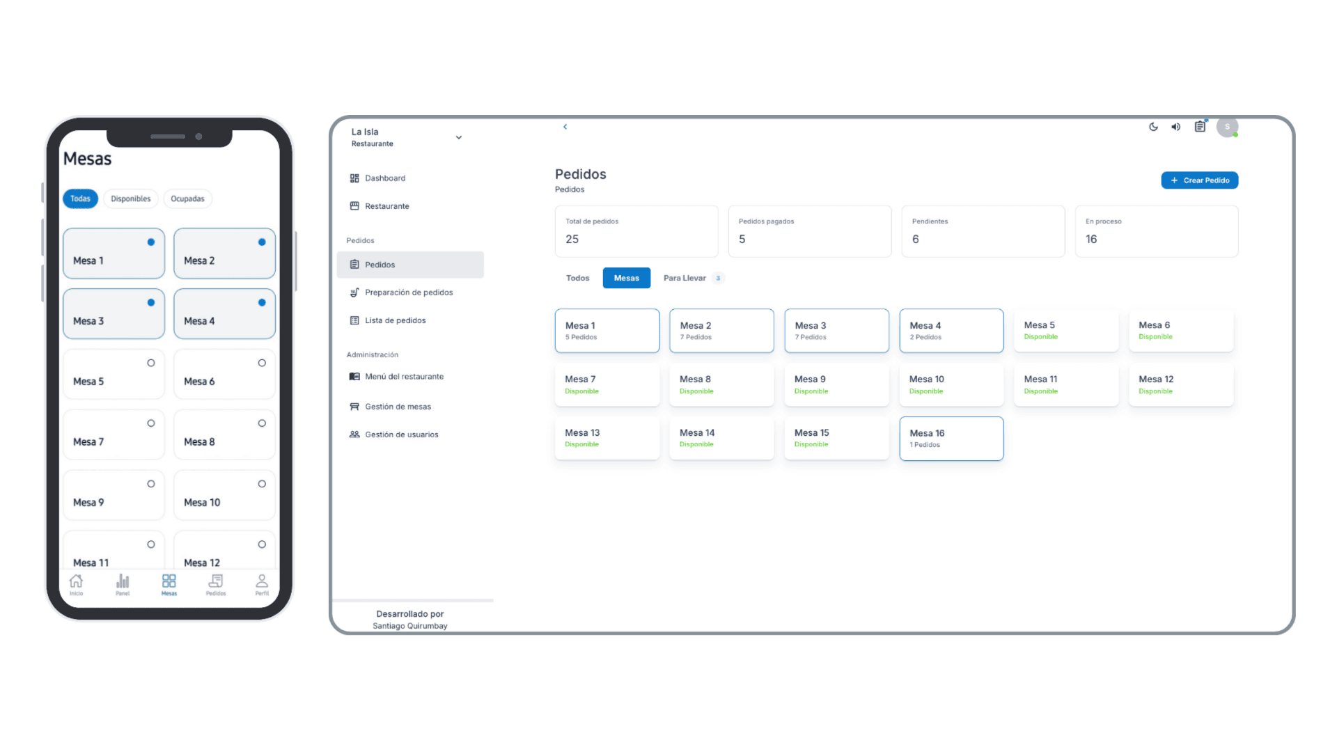 Pantalla de organización de mesas en Teikio, mostrando qué mesas están ocupadas, libres o con pedidos pendientes