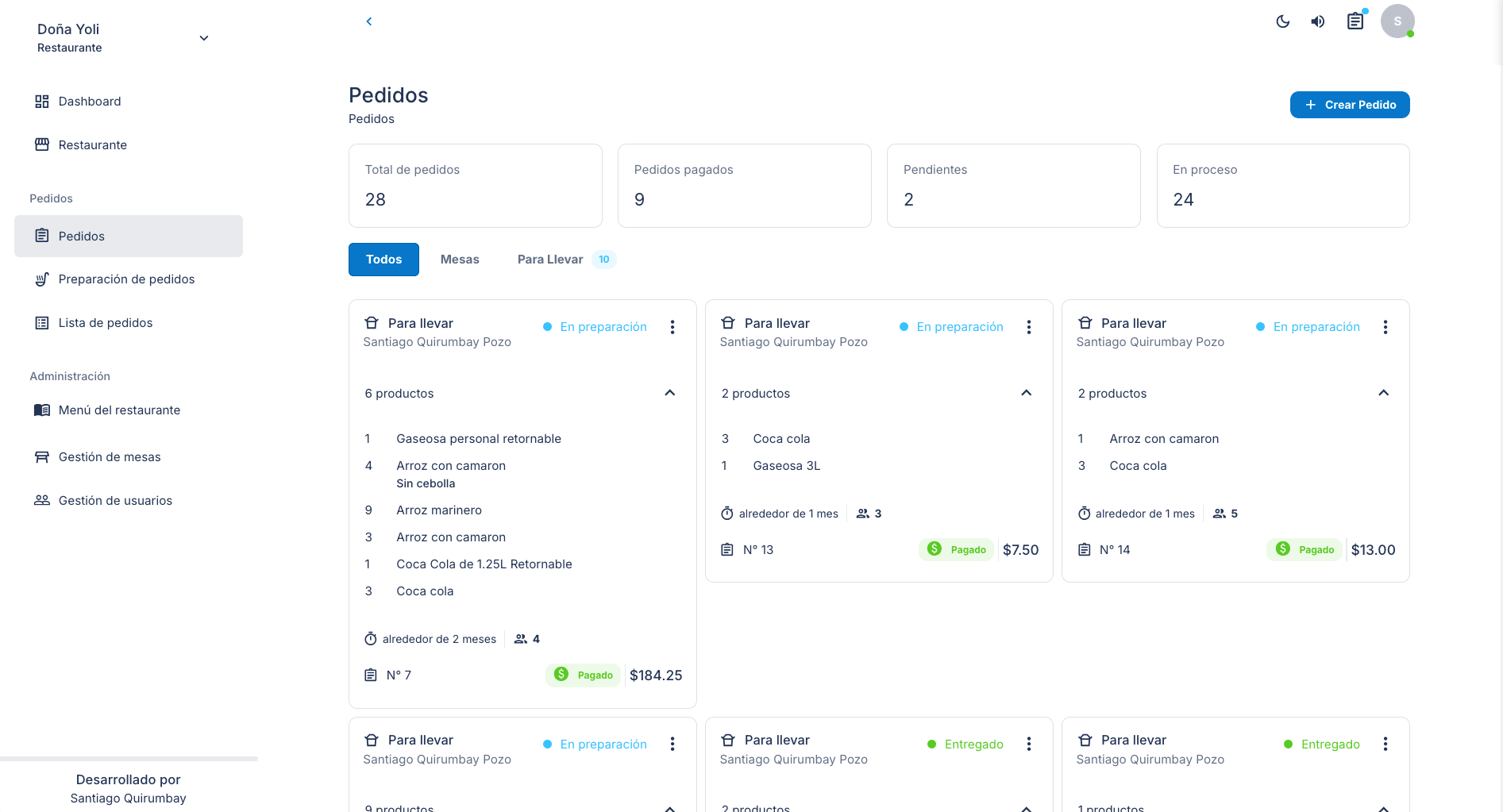 Panel de control de pedidos en Teikio